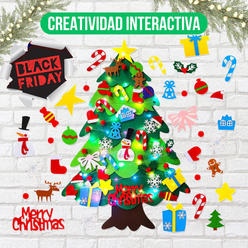 Árbol de Navidad Infantil de Fieltro con 25 adornos + luces de 3m